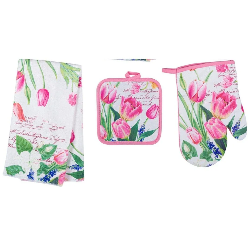 3 pc KITCHEN SET:1POT HOLDER,1OVEN MITT,1MICROFIBER TOWEL,FLOWERS, TULIPS,K&Co